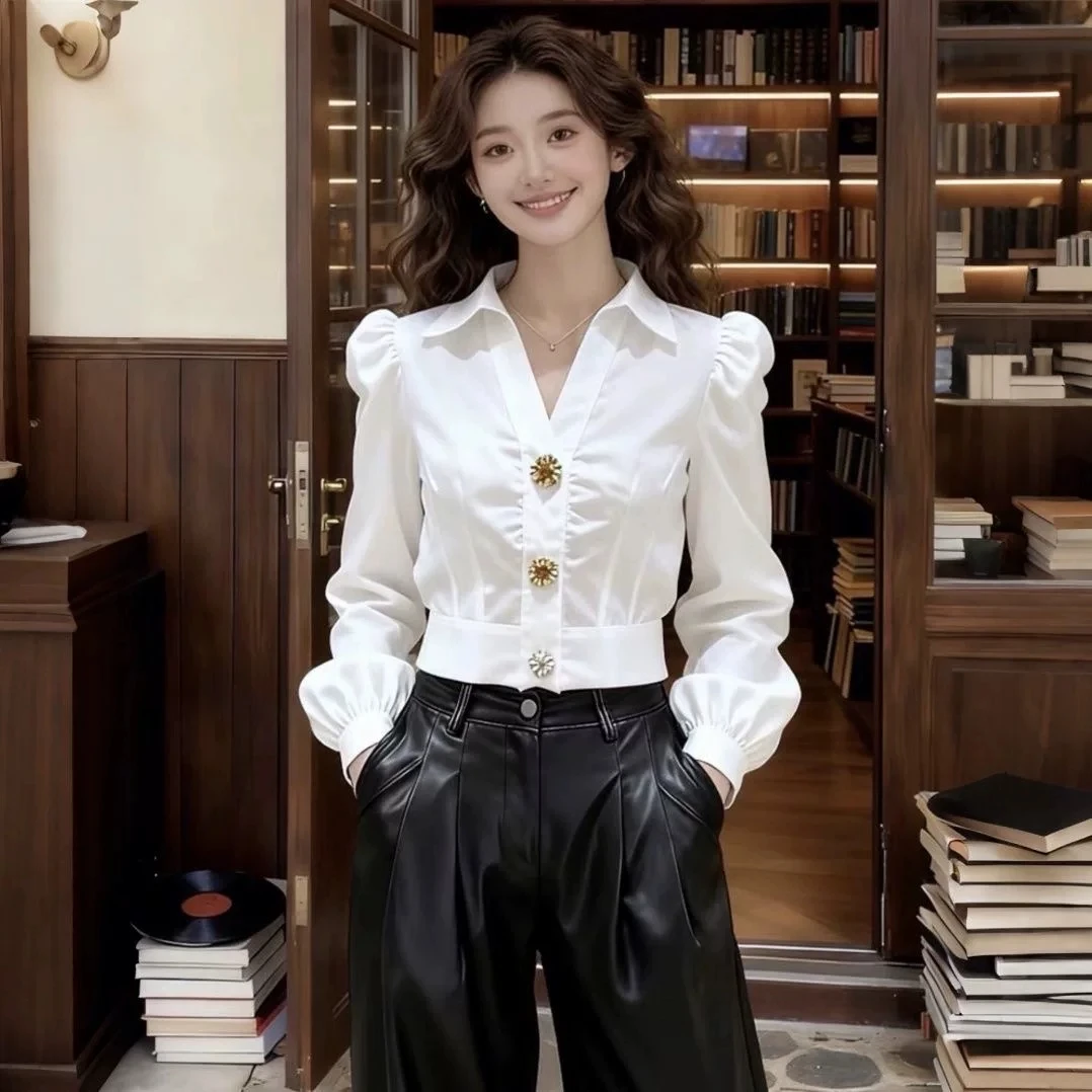 Chemisier Blanc Élégant Col V  - Women Formal Office Wear Tops avis et prix